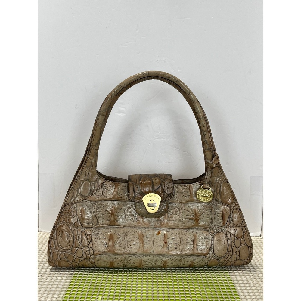 Brahmin Taupe Croc Embossed Leather‎ Shoulder Bag Turn Lock Gold Hardware Flaws